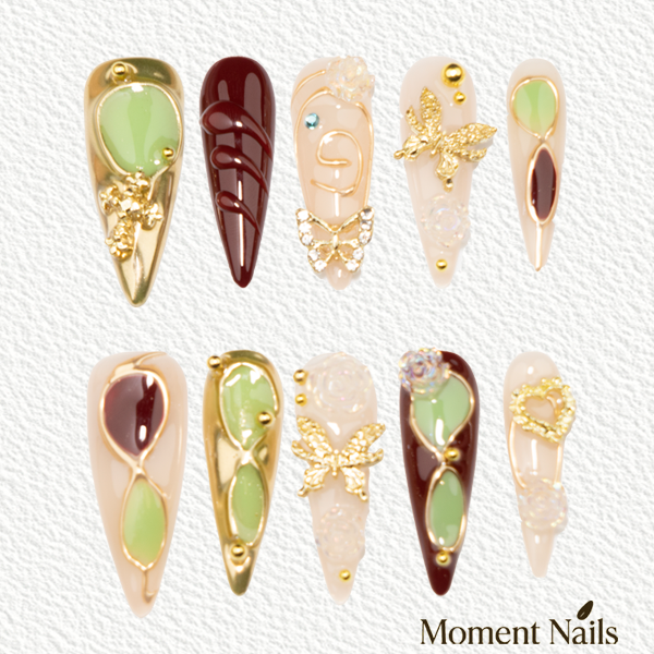 Burgundy & Green Gold Butterfly Press-On Nails