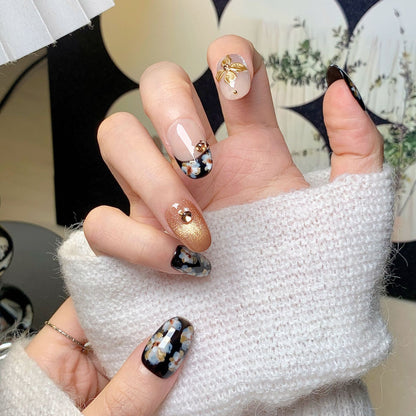 Nude Pink Black-Gold Floral Luxury Press-On Nails