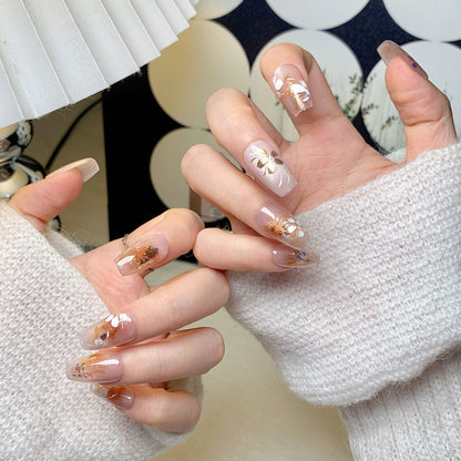 Translucent Orange Gold Foil Squoval Press-On Nails