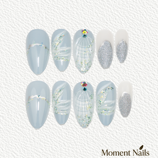 Ice Crystal Relief Press-Ons | Silver Glitter | Almond