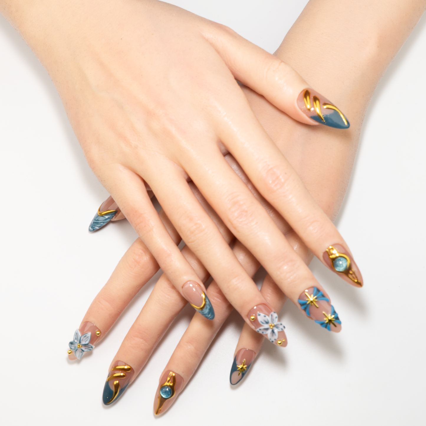 Teal Blue Marble & Gold Chrome  Press-On Nails