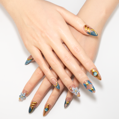 Teal Blue Marble & Gold Chrome  Press-On Nails