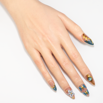 Teal Blue Marble & Gold Chrome  Press-On Nails