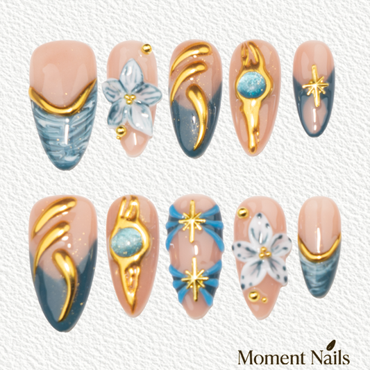 Teal Blue Marble & Gold Chrome  Press-On Nails