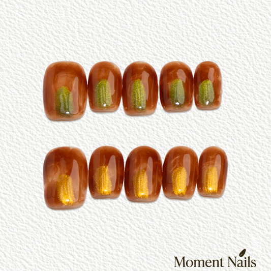 Caramel Latte Press-On Nails | Handmade Glitter Stripe Coffin