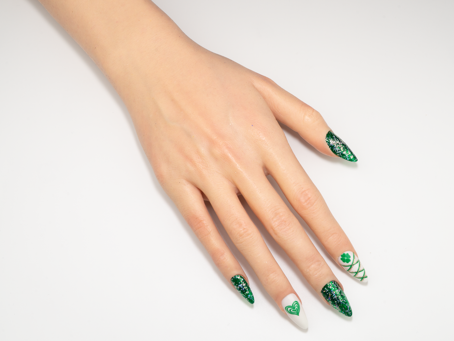 Lucky Shamrock Press-On Nails | Green Glitter & White Almond