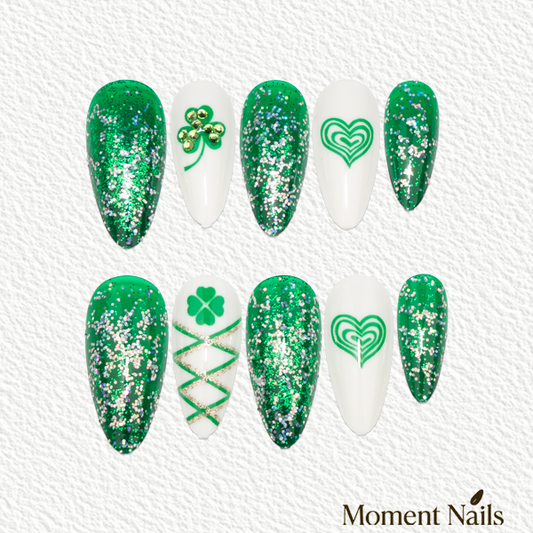 Lucky Shamrock Press-On Nails | Green Glitter & White Almond