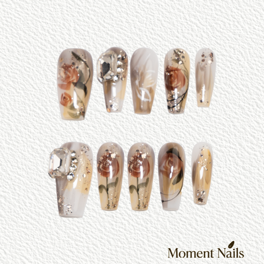 Smudge Rose Press On Nails | Handmade Jelly Crystal  Long Coffin