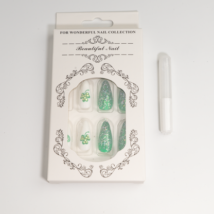 Lucky Shamrock Press-On Nails | Green Glitter & White Almond