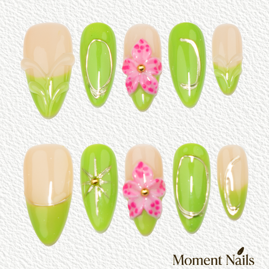 Lime Green 3D Floral  Press-On Nails