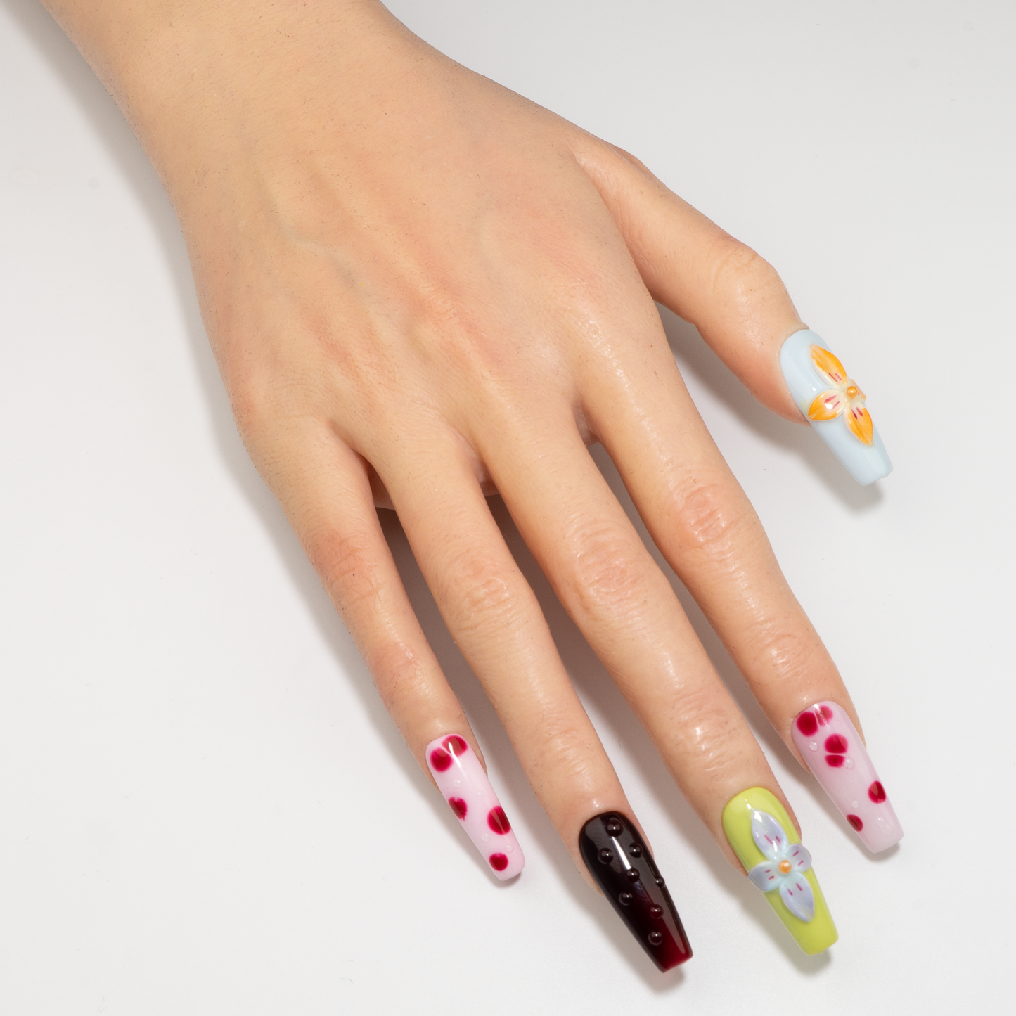 3D Flower Trapezoid Vibrant  Art  Press-On Nails