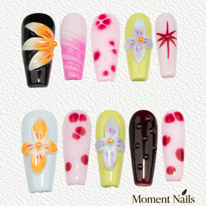 3D Flower Trapezoid Vibrant  Art  Press-On Nails