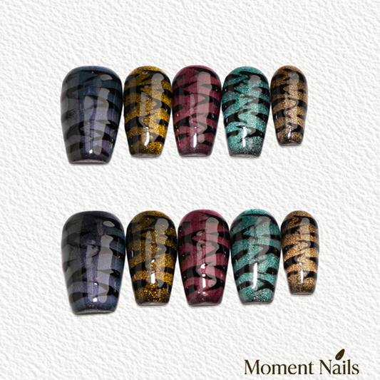 Animal Party Press-On Nails | Handmade Colorful Tiger Cat Eye Coffin