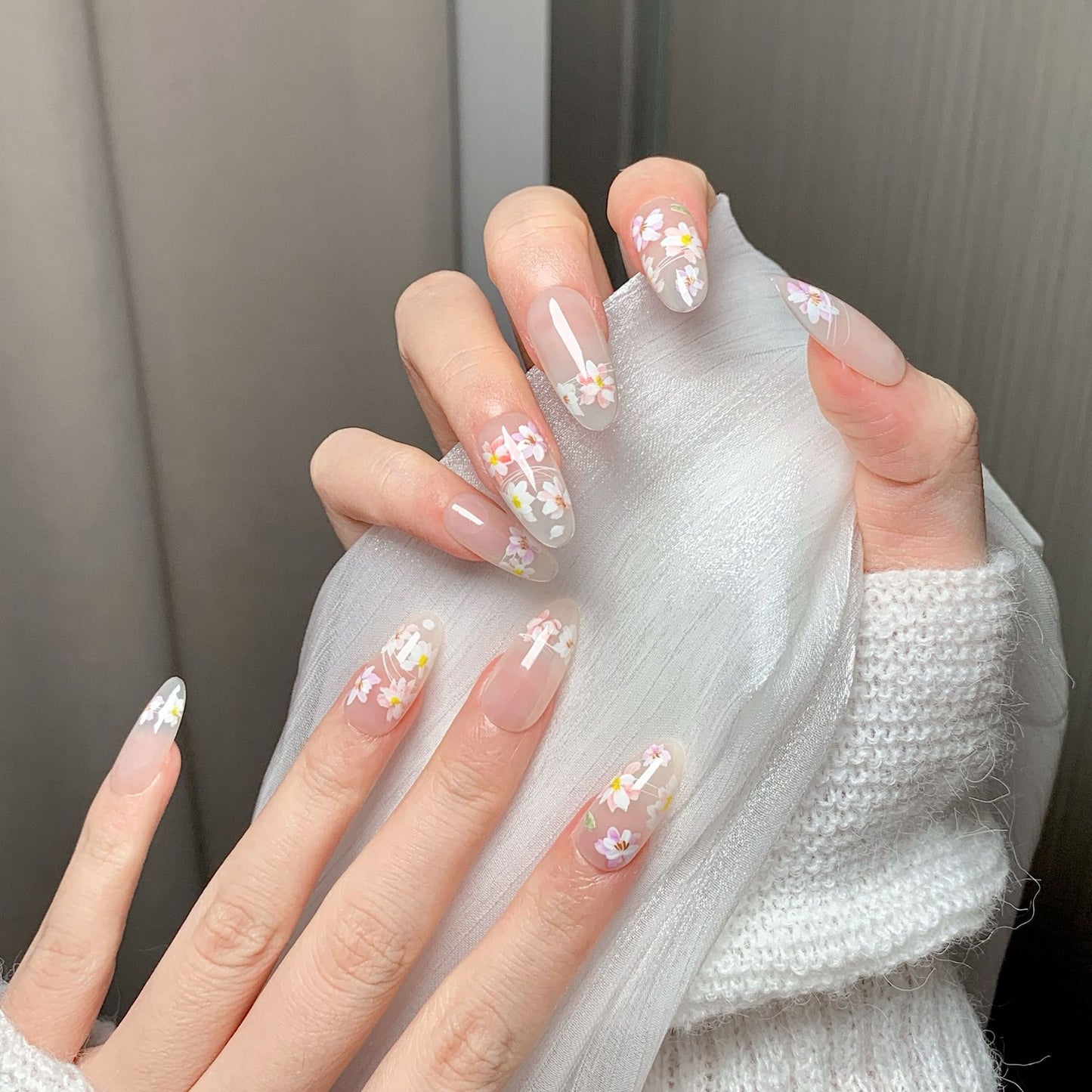 Sheer Floral Almond Press-On Nails