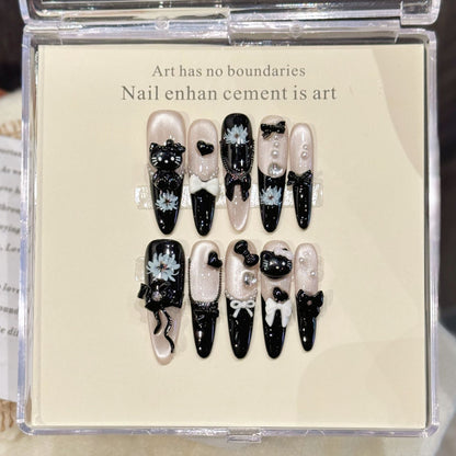 Black White Kitty Long Stiletto Press-On Nails
