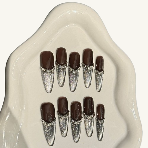 Galaxy Mocha Press-On Nails | Handmade French Cat Eye Jewel Stiletto