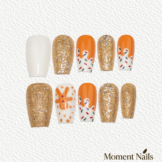 Gingerbread Press-On Nails | Gold Glitter | Ballerina