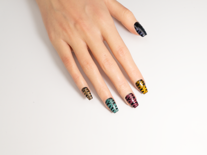 Animal Party Press-On Nails | Handmade Colorful Tiger Cat Eye Coffin
