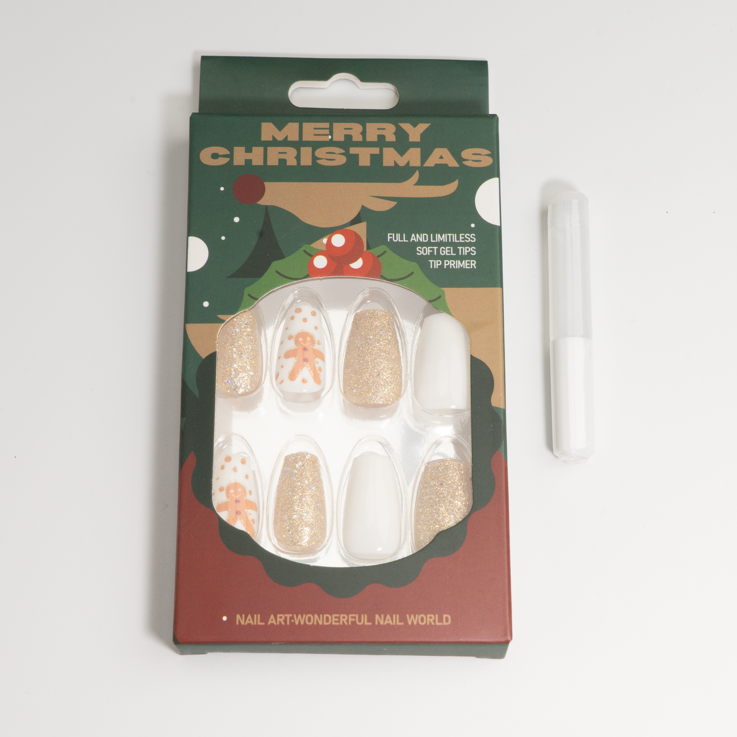 Gingerbread Press-On Nails | Gold Glitter | Ballerina