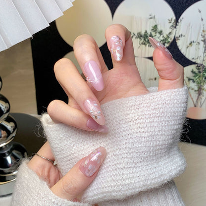 Pink Sheer Gold Accent Oval Press-On Nails