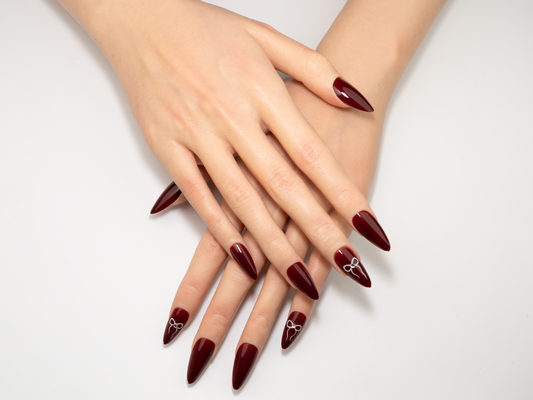 Wine Jelly Press-On Nails | Sheer Bow Accent | Long Almond