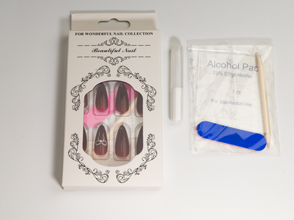 Wine Jelly Press-On Nails | Sheer Bow Accent | Long Almond