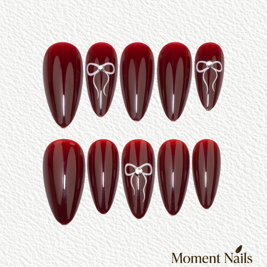 Wine Jelly Press-On Nails | Sheer Bow Accent | Long Almond