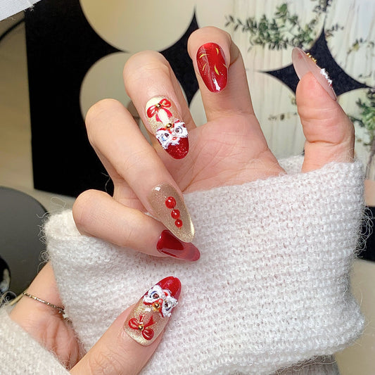 Red-Gold Lion Dance New Year Press-On Nails