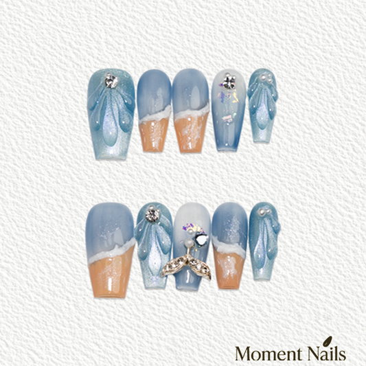 Sand & Wave Press-On Nails |  Blue & Pink Glitter Handmade Coffin