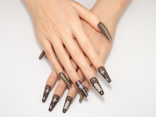 Matte Brown Snowflake Press-On Nails | Gingerbread Gift Ballerina Nails