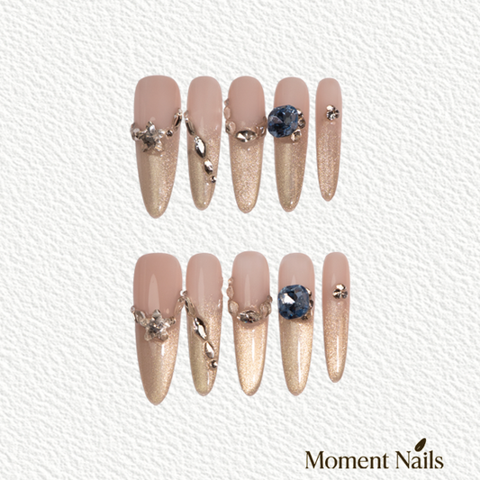 Champagne Gold Press On Nails | Jelly Cat Eye Long Stiletto Fake Nails