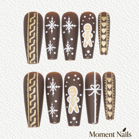 Matte Brown Snowflake Press-On Nails | Gingerbread Gift Ballerina Nails