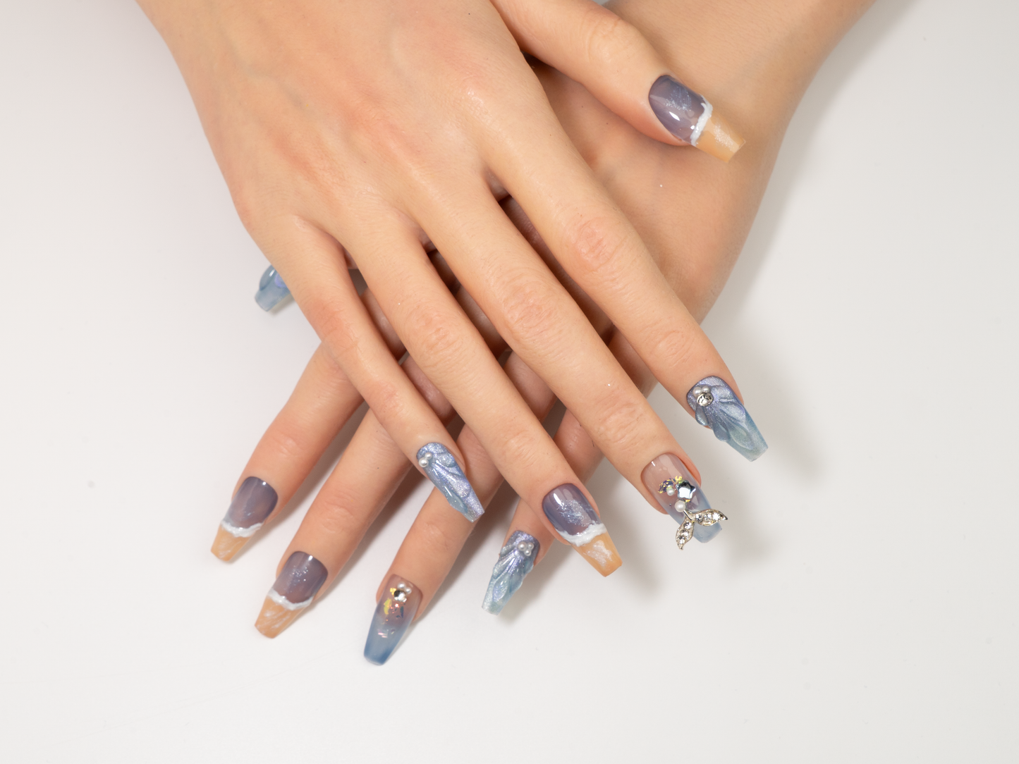 Sand & Wave Press-On Nails |  Blue & Pink Glitter Handmade Coffin