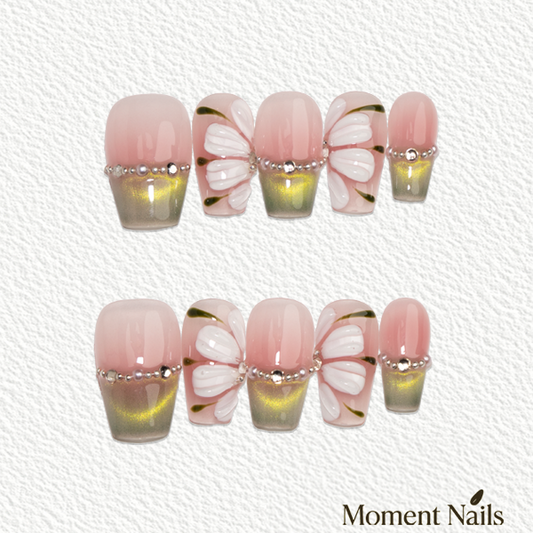 Green Field Flora Elegant Press-On Nails | Hand-painted Conffin