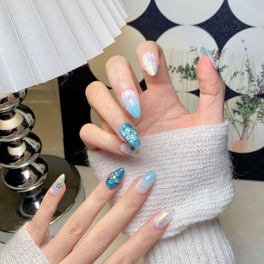 Light Blue Floral Short Almond Press-On Nails