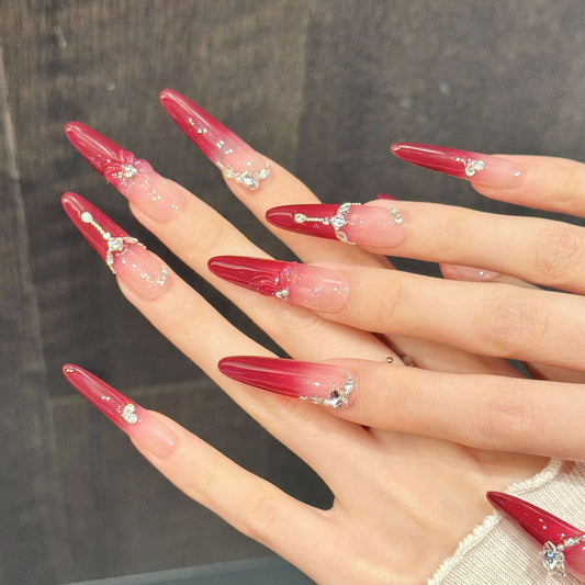 Burgundy Diamond Long Stiletto Press-On Nails