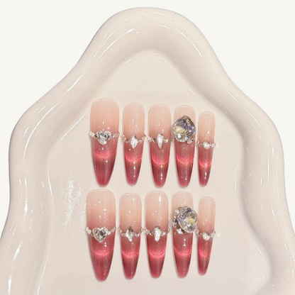 Rose Jelly Press-On Nails | Handmade Ombre Cat Eye Crystal Stiletto