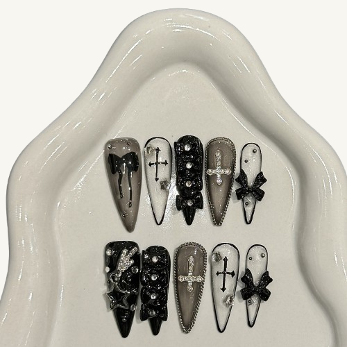 Gothic Cross Press-On Nails | Long Stiletto Handmade Fake Nails