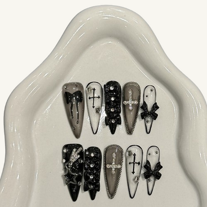 Gothic Cross Press-On Nails | Long Stiletto Handmade Fake Nails