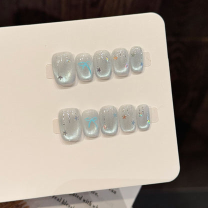 Silver Star Sparkle Short Coffin Press-On Nails