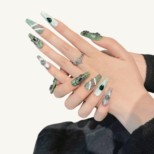Dark Punk Press-On Nails | Handmade Metallic Spider Coffin Nails
