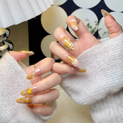 Warm Yellow Chinese Floral-Bird Press-On Nails