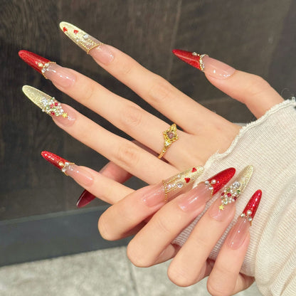 Red-Gold Christmas Stiletto Press-On Nails