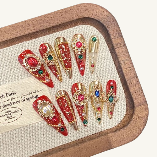 Red & Green Gem Press-On Nails | Handmade Gold Relief Stiletto