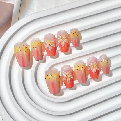 Peach Gradient Floral Trapezoid Press-On Nails