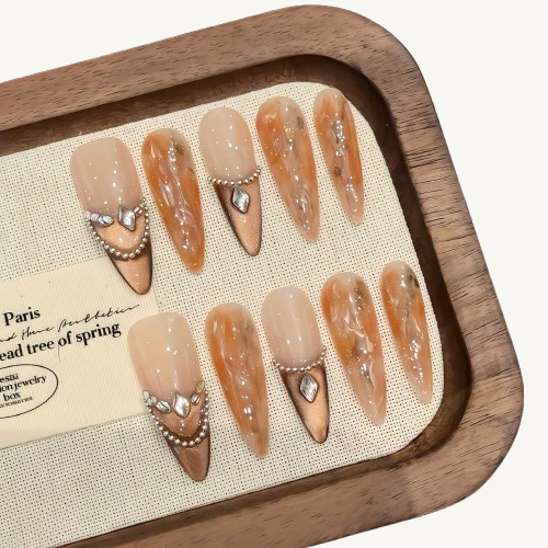 Desert Sand Press-On Nails | Handmade Gold Brown Cat Eye Stiletto