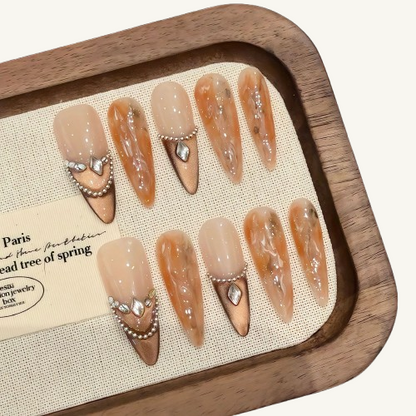 Desert Sand Press-On Nails | Handmade Gold Brown Cat Eye Stiletto