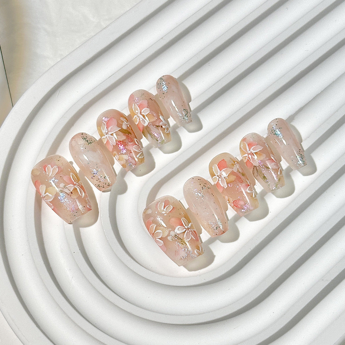 3D Flower Short Square-Round Press-On Nails