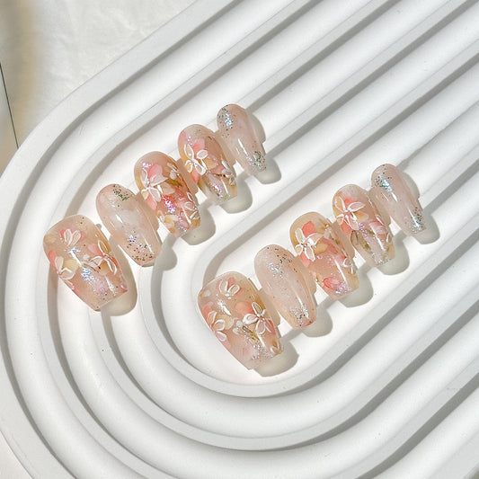 3D Flower Short Square-Round Press-On Nails