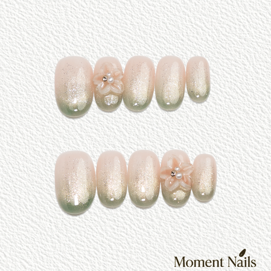 Floral Whispers Press-On Nails | Handmade Flower Pink Green Ombre Oval